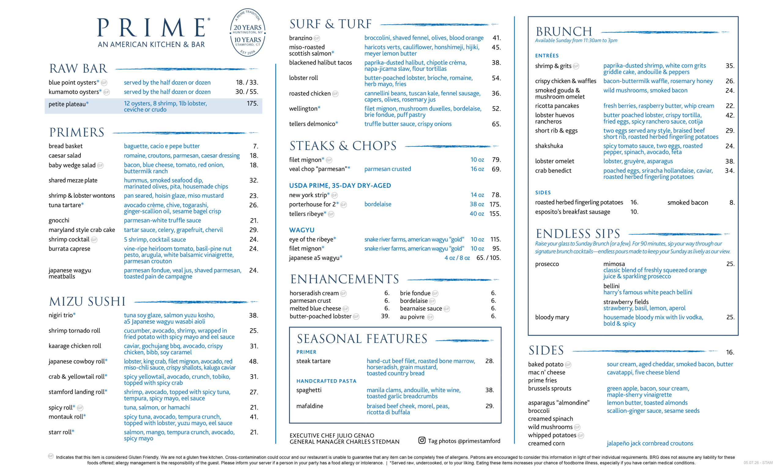 menu_primeStam_brunch_05.07.26 Sunday brunch menu for Prime; call to learn more.