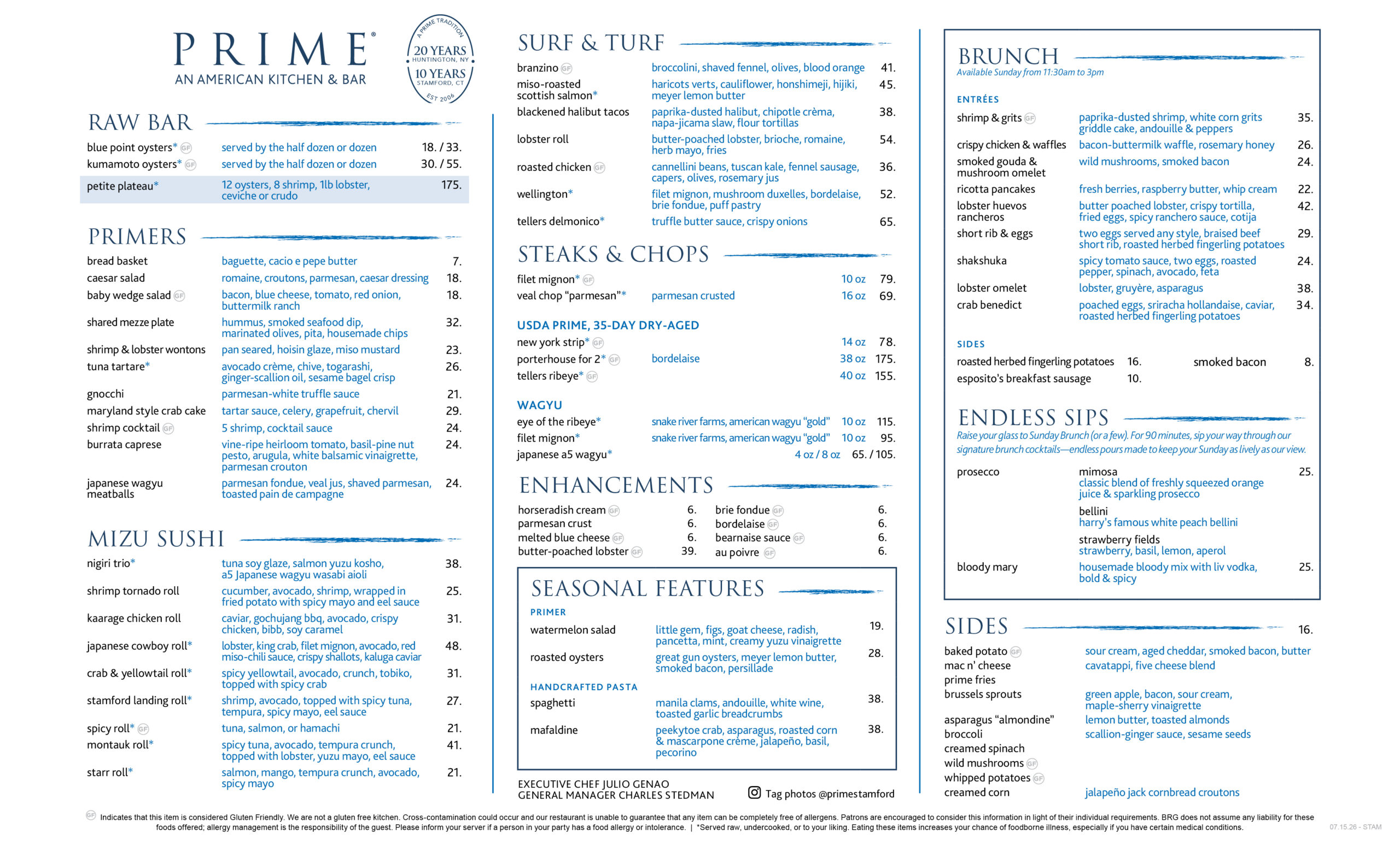 menu_primeStam_brunch_07.15.26 Brunch menu for Prime; call to learn more.